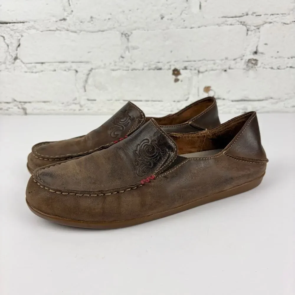 Olukai Nohea Nubuck Brown Slip On Leather Loafers 7.5